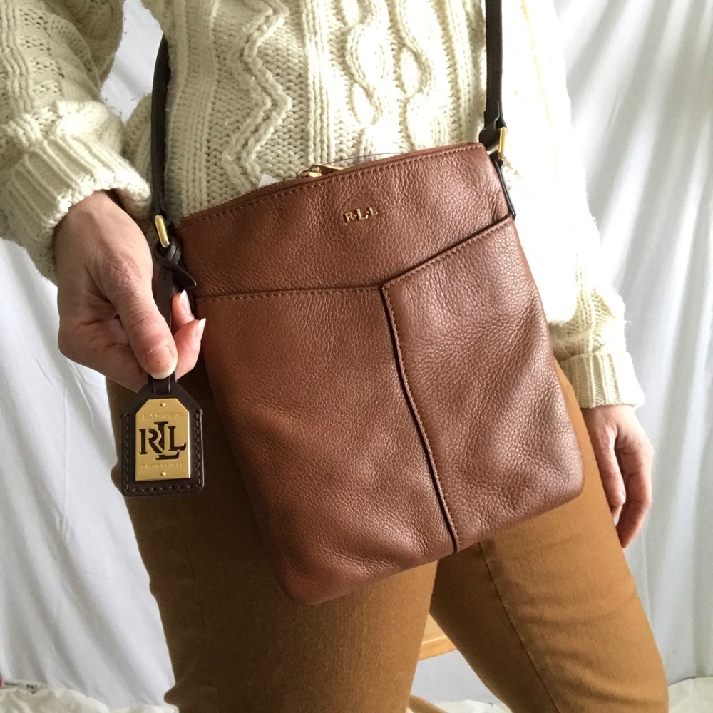 Lauren Ralph Lauren pebbled leather brown crossbody handbag purse